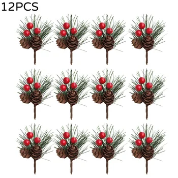 

12PCS 8 Cm Artificial Pine Branch Pine Cone Christmas Red Fruit Sprig Desktop Decoration New Year Home Decoration Supplies