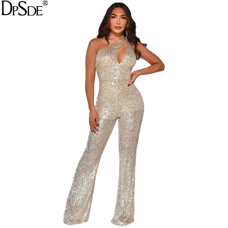 DPSDE Dew Shoulder Night Club Sexy Jumpsuits Sequined Sleeveless Elegant Bodycon Jumpsuits Autumn New 2022 Long Women Jumpsuit