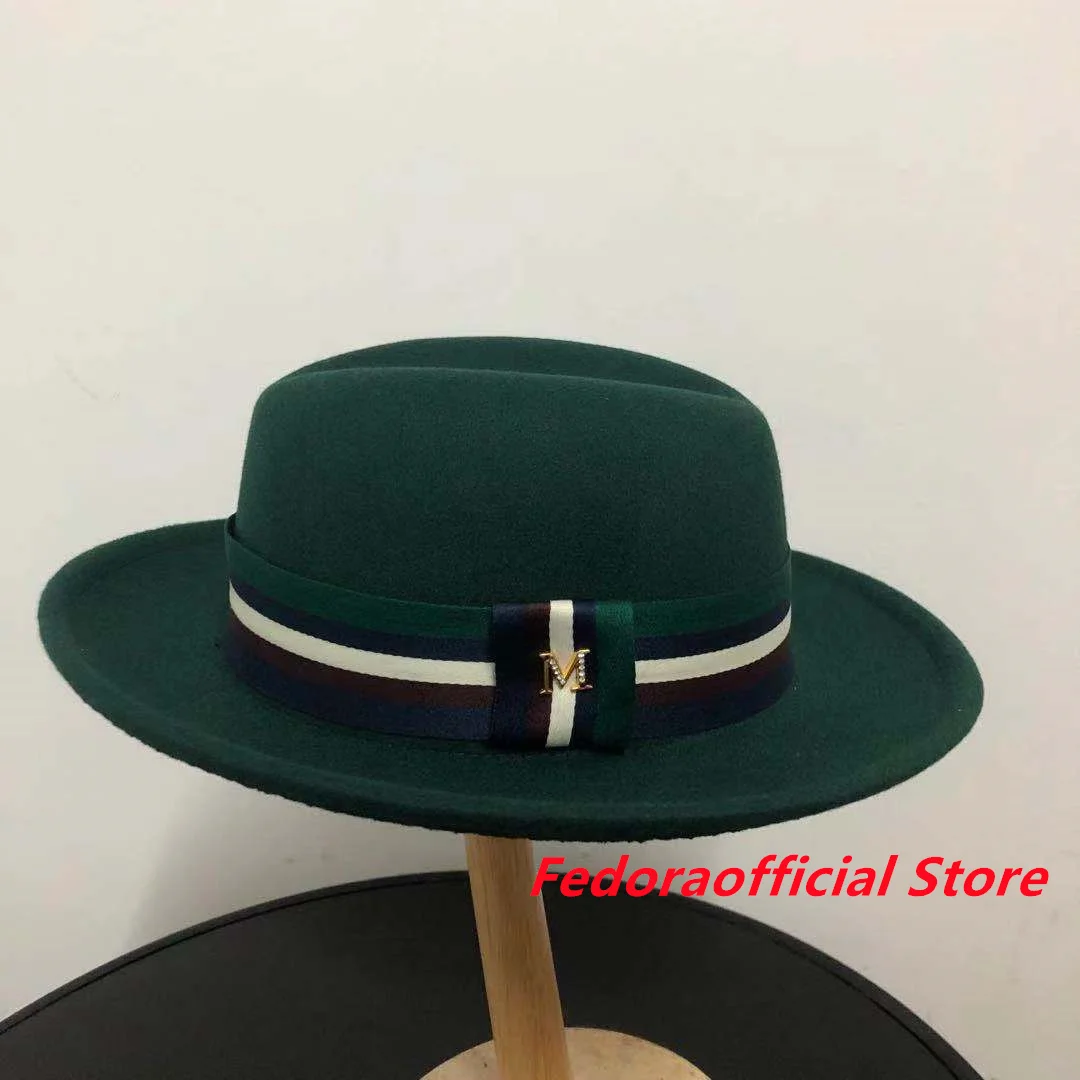 cream fedora hat Wholesale price Fedora hat new oval hat top M logo green ribbon accessories winter men and women felt jazz hat шляпа женская packable fedora