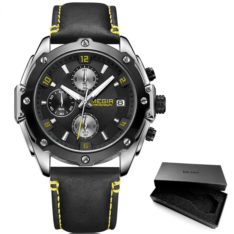 M2074G-Black-Yellow MEGIR мужские хронограф кварцевые часы кожа ремешок армейские спортивные повседневные наручные часы мужские Relogios Masculino часы 2074 синий - Цвет: M2074G-Black-Yellow