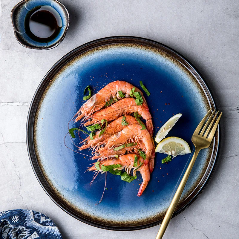 Креативная Скандинавская керамическая тарелка синяя Бытовая керамика обеденная посуда тарелка с вестерном современные декоративные для дома украшения