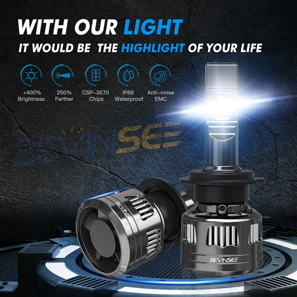 Bevinsee H7 H4 LED Lights Bulbs 9005 HB3 9006 HB4 H1 LED H3 H8 H9 H11 9012 Headlight 120W 22000LM 6000K White Car Headlamp V45