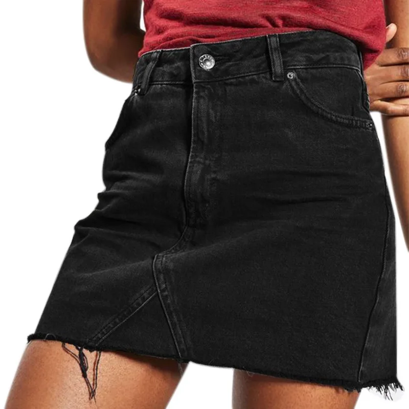 WENYUJH Новая летняя однотонная джинсовая юбка в стиле ампир, Женская Повседневная джинсовая юбка с высокой талией А-силуэта, потертая короткая джинсовая юбка бодикон - Цвет: Black