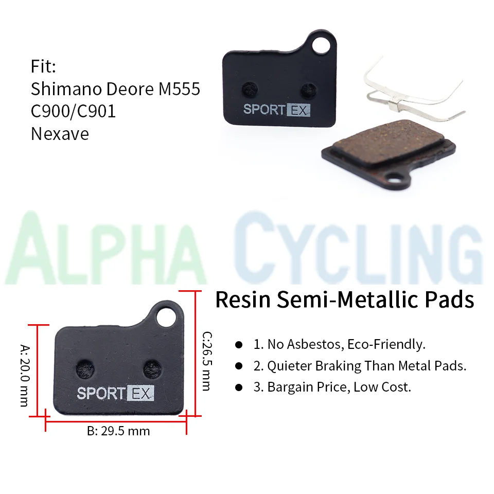 Bicycle Disc Brake Pads for Shimano SHIMANO DEORE LX M550, M555, C900/C901, Nexave Caliper, Sport EX Class, Resin, 4 Pairs