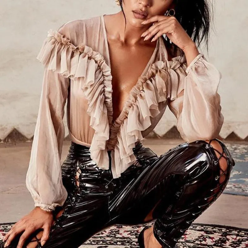 

2019 High Street Women Ruffles Deep V-Neck Blouses Autumn Long Puff Sleeve Frill Shirts Solid Color Eleghant Ladies Shirts Tops