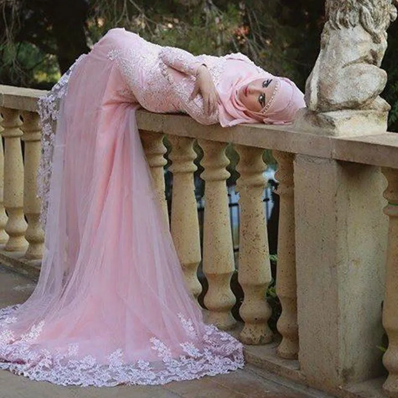 

Muslim Evening 2018 Long Sleeve Lace Applique Arabic Abendkleider with Headscarf Vestido de Festa mother of the bride dresses