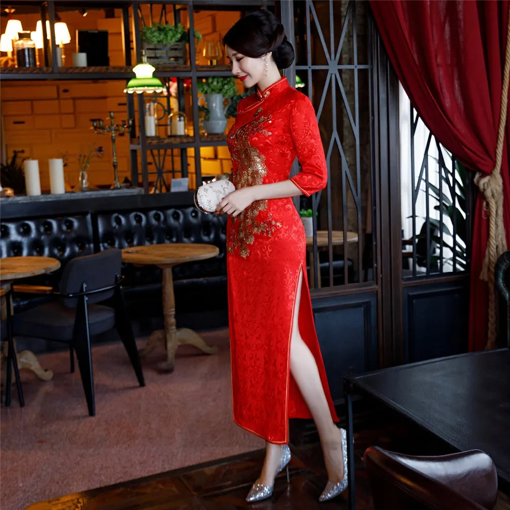 Новое поступление китайский женский Ципао длинный стиль Cheongsam женское традиционное шелковое атласное платье Вышитый Костюм Феникса 4XL 5XL