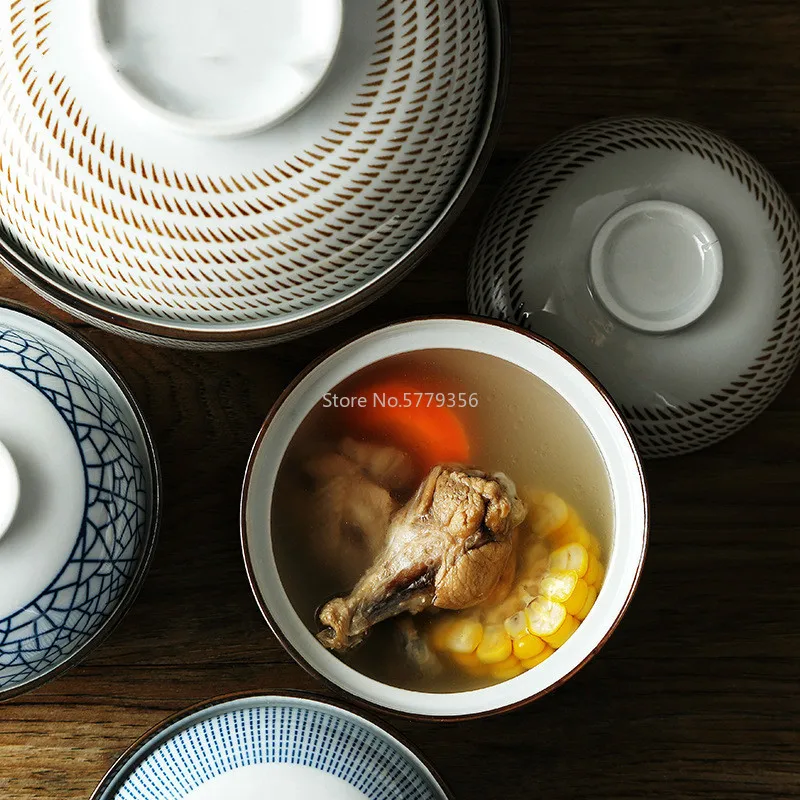Japanese Creative 4.5-inch 6.5-inch Ceramic Soup Bowl with Lid Blue and White Porcelain Rice Bowl High Quality Stew Soup