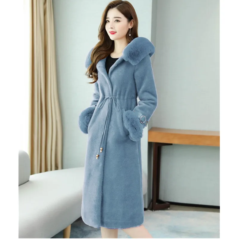 grey blue UHYTGF, Лисий мех, с капюшоном, зимнее меховое пальто для женщин, качественная, Золотая норка, кашемир, теплая меховая куртка, стрижка овец, повседневное пальто размера плюс, 1018 - Цвет: grey blue