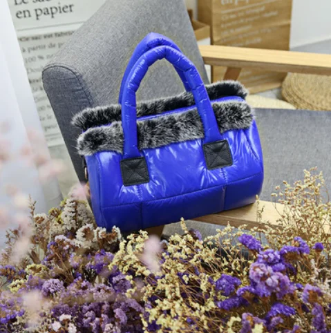 Down bag winter new women's bag space cotton bag rabbit fur fur bag shoulder Messenger bag luxury women designer handbags - Цвет: 8