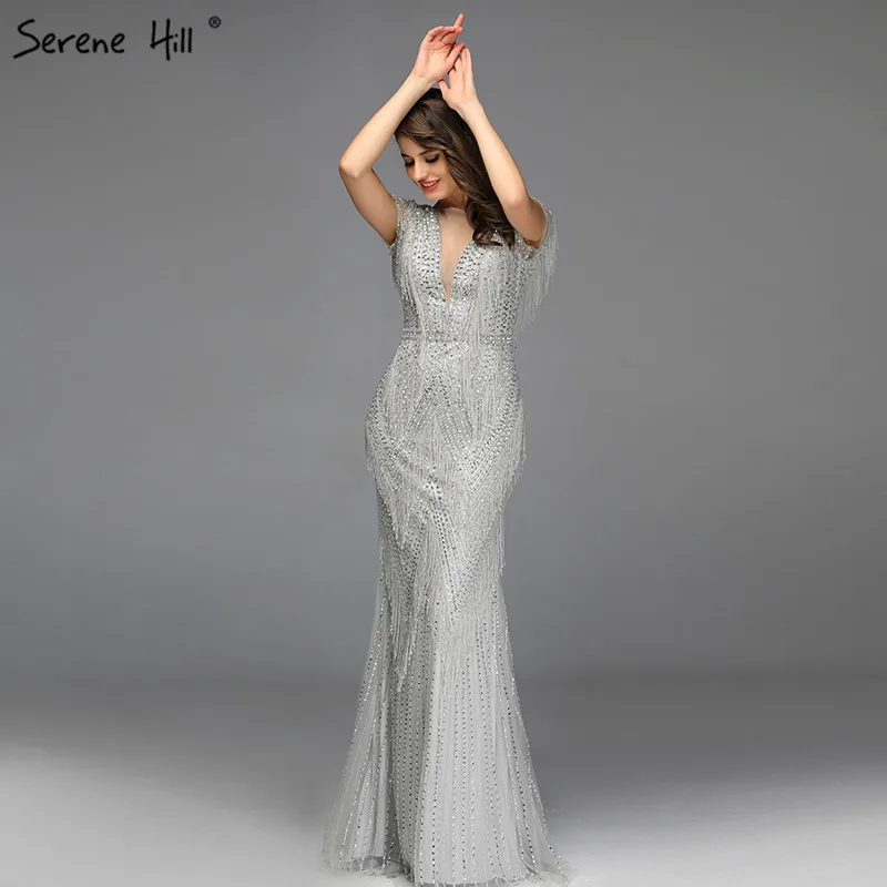 Дубай серое роскошное платье для выпускного вечера с v-образным вырезом и кисточками новейший дизайн с коротким рукавом сексуальные платья для выпускного вечера Serene hilm BLA60918