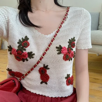 

Women's Autumn Vintage Korean Embroidery Knit Top + Elastic Waist High Waist Skirt Real Shot Red Short Sleeve Top Long Skirts