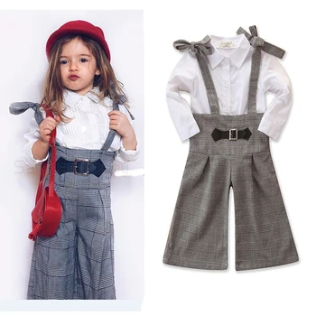 

2020 Girls Clothing Sets White Kids shirt +Plaid Wide Leg Pants Suits Children Short Sleeve Retro fashion Baby Girl Clothes 1-6T