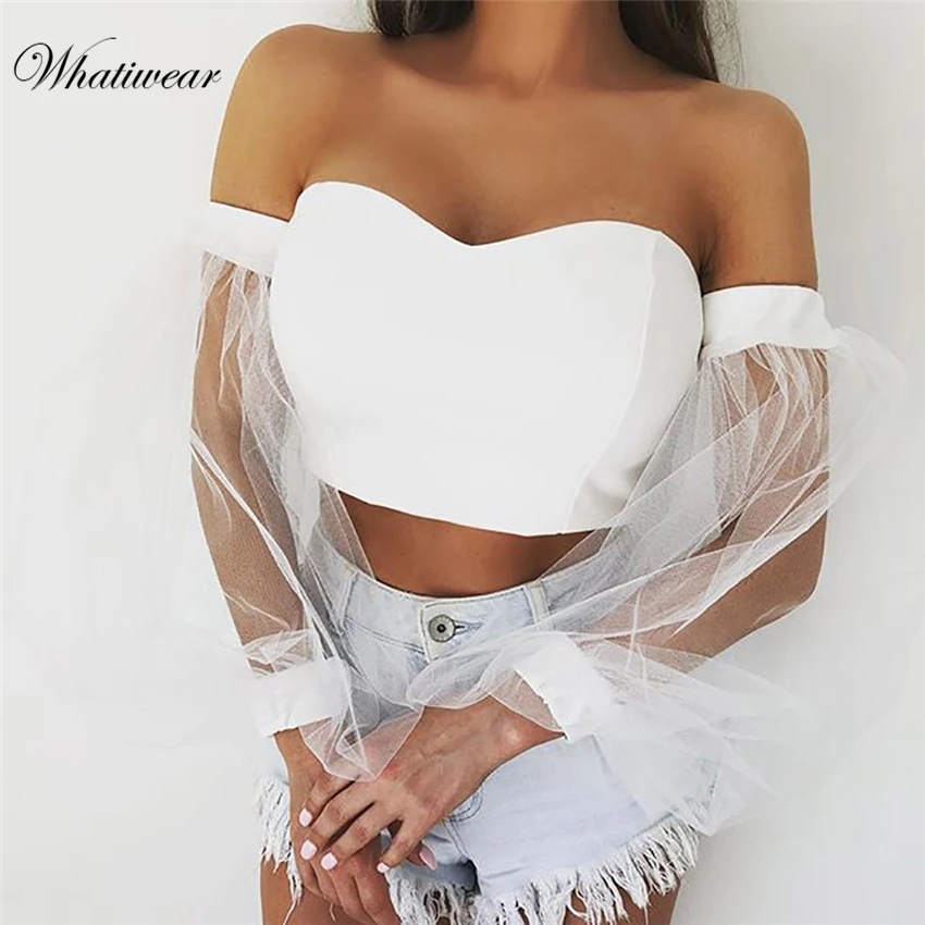 Whatiwear Летняя женская сексуальная блуза с пышными рукавами и открытыми плечами, Сетчатая футболка, уличная одежда кроп-топ, женская блуза