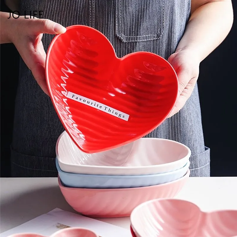 

JO LIFE Heart Shape Bowl Valentine's Day Romantic Ceramic Dessert Salad Dish Kitchen Oven Tableware Cake Food Bowl