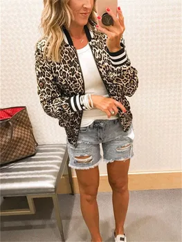 

Leopard Printed Women's Jackets Plus Size Coat O-Neck Long Sleeve Short Bomber Jacket Casual Tops Jacket Woman Spring 2019