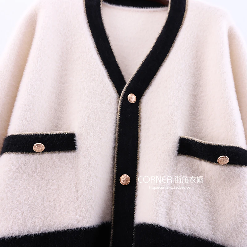 Mink Cashmere Knitted Cardigans Female Outwear New Spring Autumn Winter Color Block V Neck Long Sleeve Sweater Women Jacket