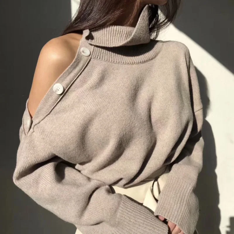 2019 Winter Women Turtleneck Knitted Knit Sweaters Solid Casual Cold Shoulder Pullover Jumper Autumn Basic Sweater For women | Женская
