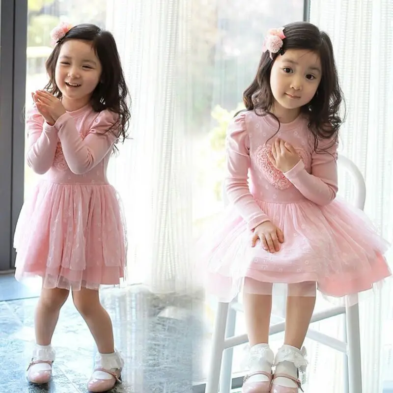 Милое Платье для девочек от 2 до 7 лет однотонные розовые платья принцессы для девочек, весенне-осеннее кружевное платье с длинными рукавами и сердечками Одежда для девочек