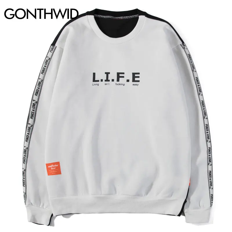 

GONTHWID Sleeve Ribbon Color Block Patchwork Print Fleece Pullover Sweatshirts Hoodies Hip Hop Streetwear Outwear Tops Fashion