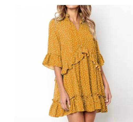 Летнее Повседневное платье в горошек, Boho, пляжное платье, винтажное, с оборками, короткий рукав, а-силуэт, вечерние мини-платье, сарафан