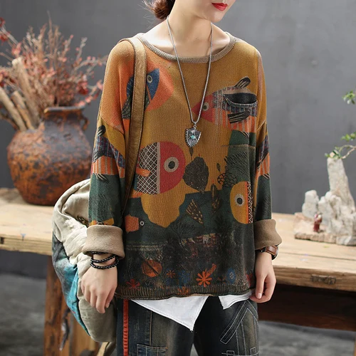 Khaki sweaters Кофейный хлопковый и льняной лоскутный свитер с круглым воротником, свободное Женское пальто, осенняя одежда, короткий свитер - Цвет: Khaki sweaters
