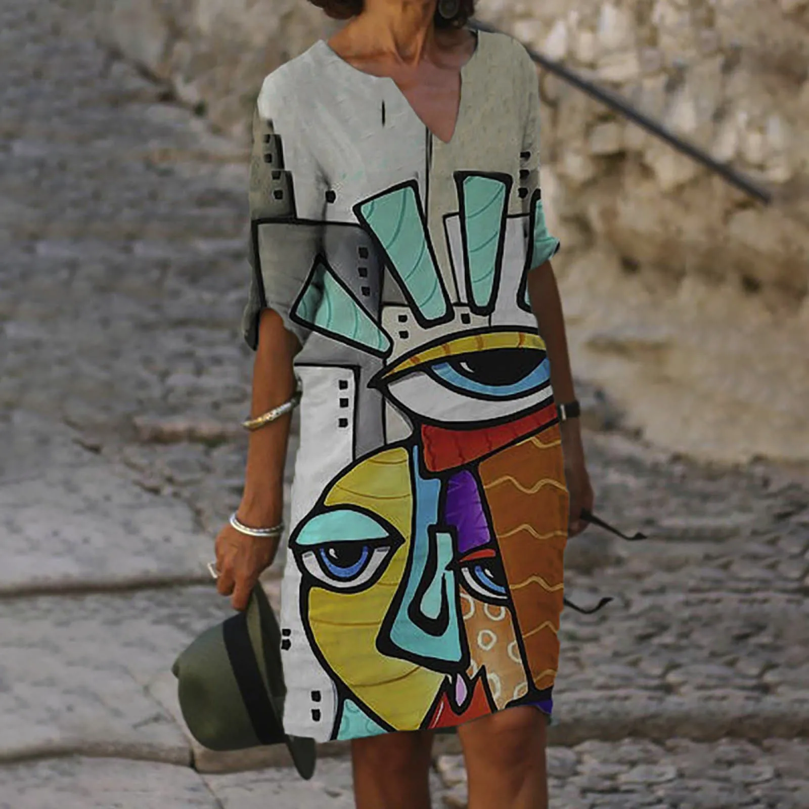 Las mujeres impresión Retro vestido de talla grande vestido Vintage vestido de las mujeres ropa 2021 Платье de cuello en V vestido Punk Harajuku vestidos