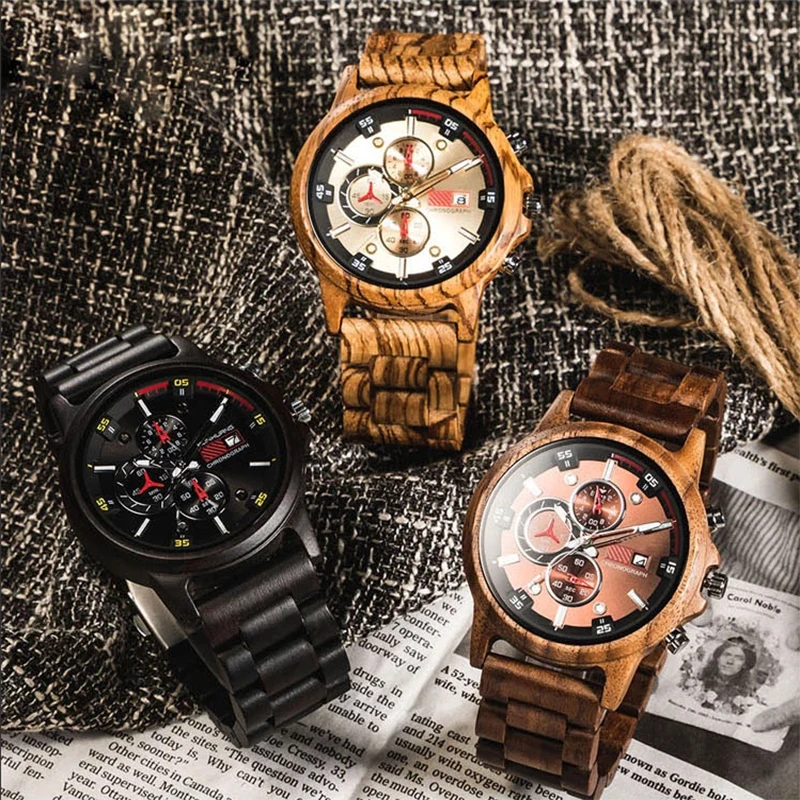 QW Горячая бамбуковый бренд хронограф пользовательские мужские деревянные спортивные часы