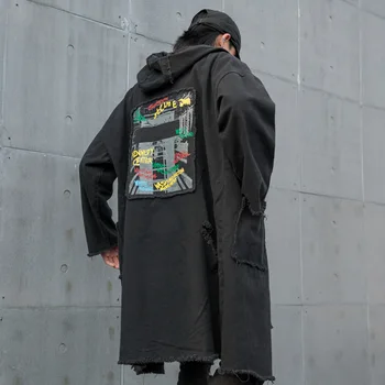 

Men Vintage Loose Casual Long Denim Trench Coat Streetwear Hip Hop Punk Gothic Hooded Windbreaker Jacket Male Outerwear Overcoat
