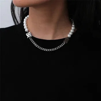 

BU-151 Goth Punk Baroque Pearl Choker Necklace Collares Women Bridal Wedding Boho Metal Stainless Steel Beaded Chain Necklace