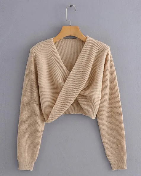 khaki sweater SheMujerSky женский однотонный джемпер с перекрестным дизайном с длинными рукавами женские Свитера синие пуловеры - Цвет: khaki sweater