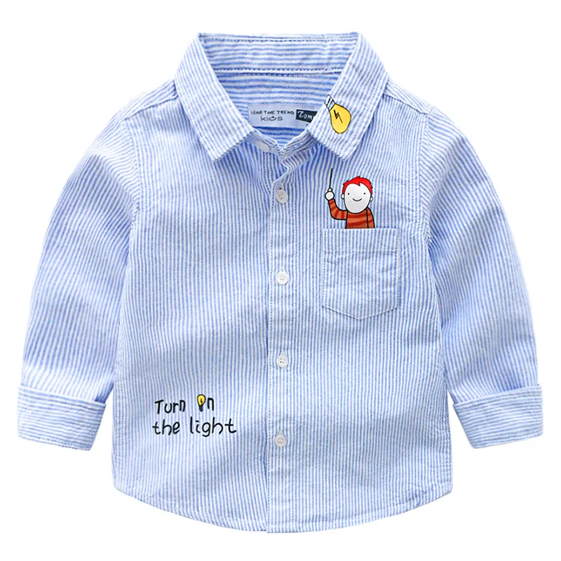 Autumn Korean-style Boutique Childrenswear BOY'S Children Stripes Cotton Printed Cartoon Long-sleeved Shirt Boy Shirt