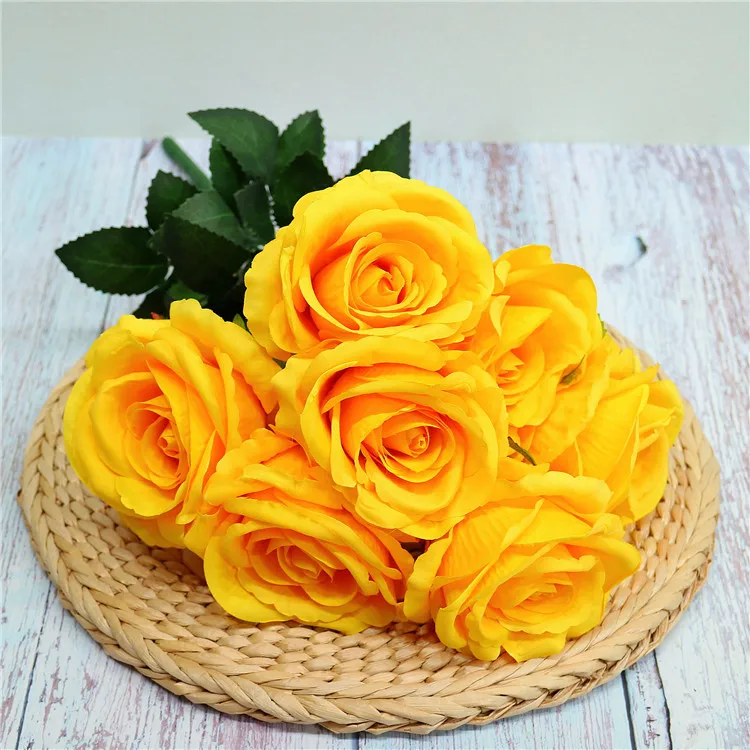 Cheap Yellow Artificial Flowers Rose Floral Bouquet Fake Roses Flowers