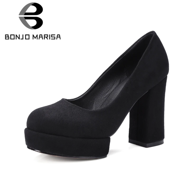 

BONJOMARISA Spring Autumn 32-42 Concise Black Platform Pumps Women 2019 Elegant Shallow OL High Heels Shoes Woman