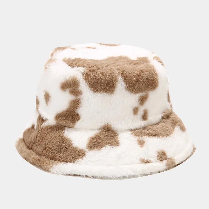 New Winter Cow Print Plush Bucket Hats for Women Tourism Outdoor Warm Hat Soft Velvet Fisherman Cap Lady Fashion Panama Present fluffy bucket hat Bucket Hats