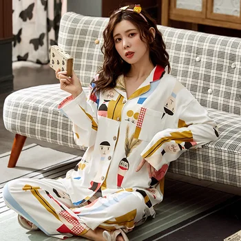 

Pajama Set Women Spring Autumn Pure Cotton Plus Size Pajamas Korean Cardigan Cartoons Can Be Worn Outside Printed Home Clothes
