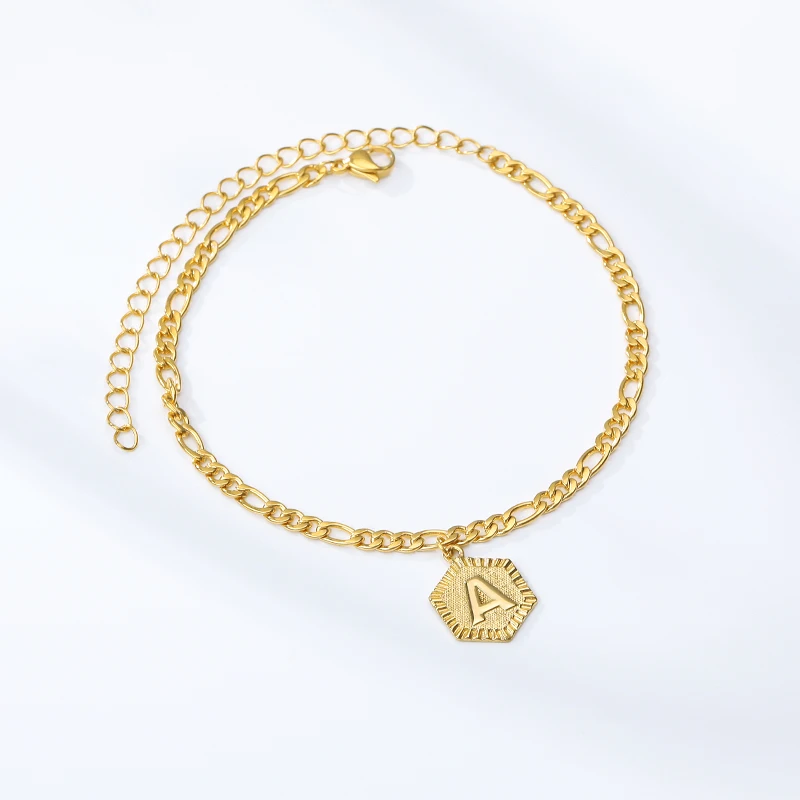 Silver Anklet Bracelet Ankle Chains Cubic Zirconia Anklet Beads Anklet Dainty A-Z letter Anklet Hexagon Shaped Initial Ankle Bracelet Stainless Steel Feet Jewelry Leg Chain Women Men Gifts