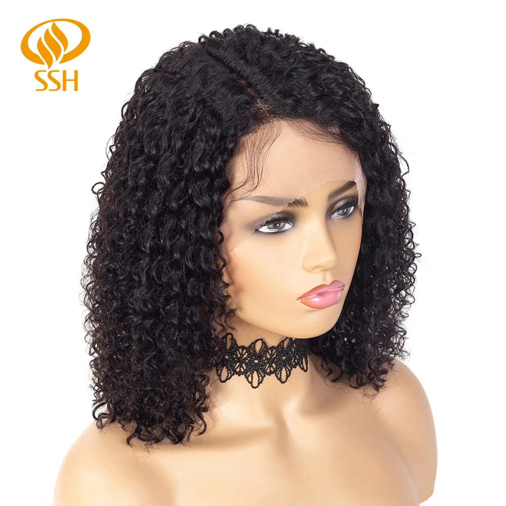 SSH Lace Part 150% Density Brazilian Remy Short Bob Curly Human Hair Wigs For Black Women Side Part Pre Plucked Hairline 14 Inch