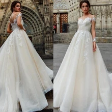 A Line прозрачная кисея, тюль кружево на свадебное платье длинные рукав с накладной аппликацией совок шеи романтическое платье невесты Кнопка сзади Vestidos de Novia