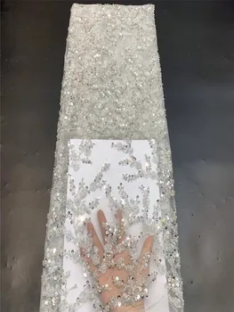 

LACE Pure White African Lace Fabric High Quality 3D Applique Milk Silk Lace Sequins French Mesh Lace Fabric For Wedding FZ43