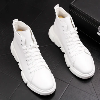 

high quality men boots brand designer cow leather shoes platform shoe white ankle boot lace-up sneakers botas masculina sapatos