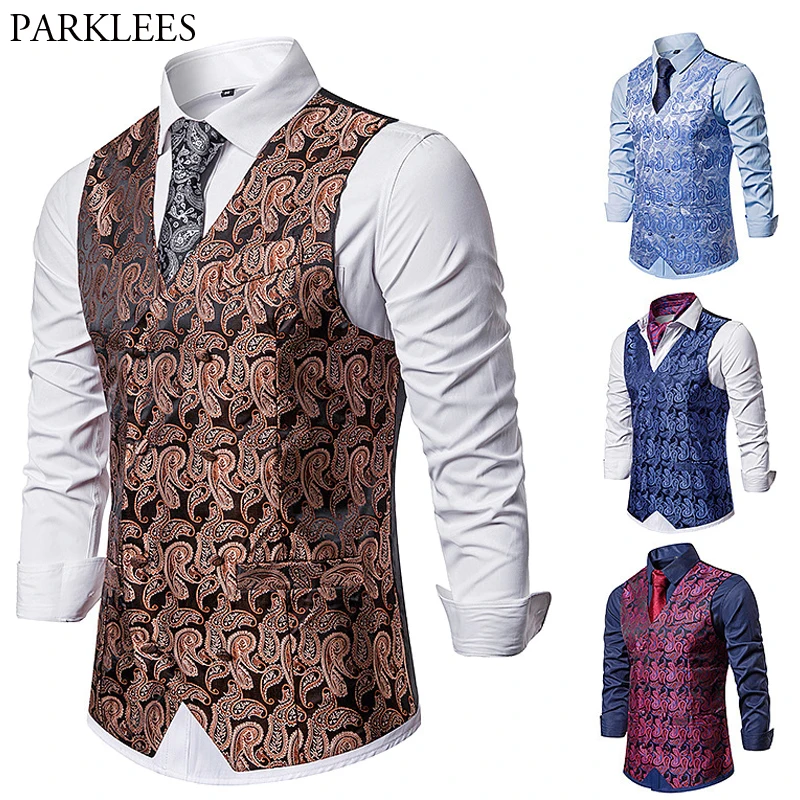 Cashew Flower Priting Suit Vest Men's New Brand Fashion Luxury Slim Fit Double-breasted Wedding Host Party Bar Men Vests