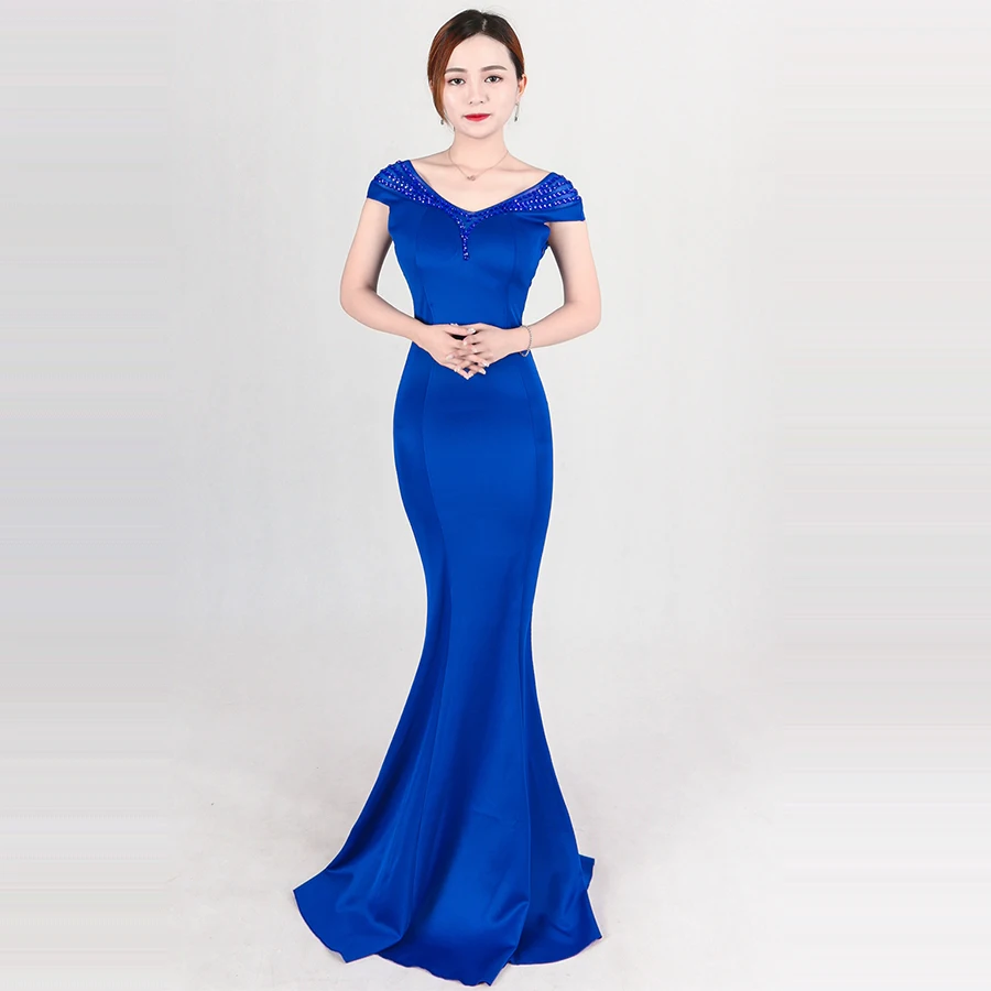Royal Blue Вечернее платье, новинка, v-образный вырез, без спинки, Русалка, официальное платье, DX339-3 размера плюс, кристалл, Robe De Soiree, Элегантное Длинное тонкое платье для выпускного вечера - Цвет: Royal Blue