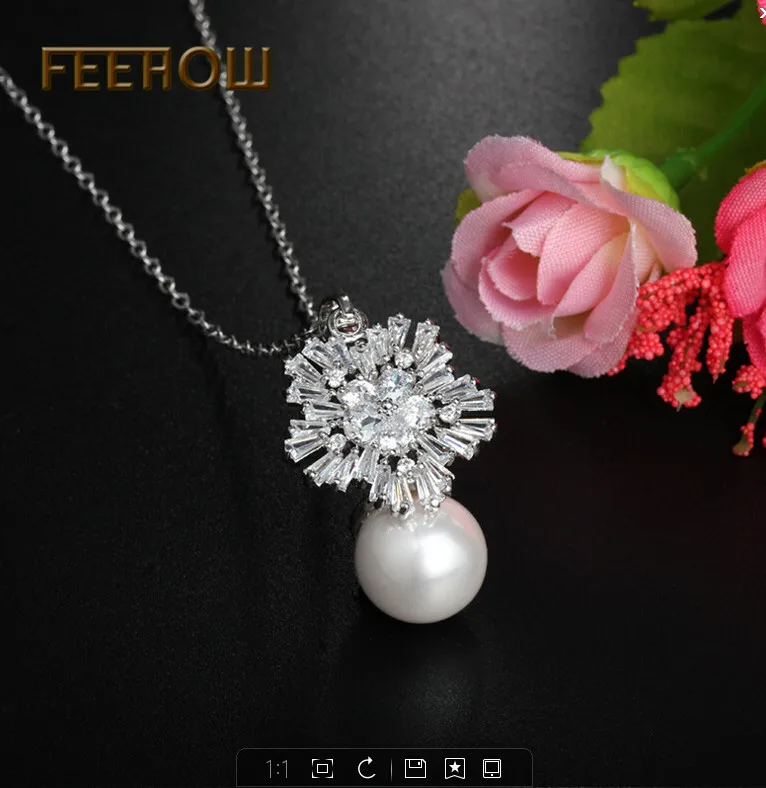 FEEHOW Мода белый и красный CZ имитация жемчуга Снежинка Кулон ожерелья для женщин прозрачный Цирконий Кристалл ювелирные изделия FWNP087 - Окраска металла: White