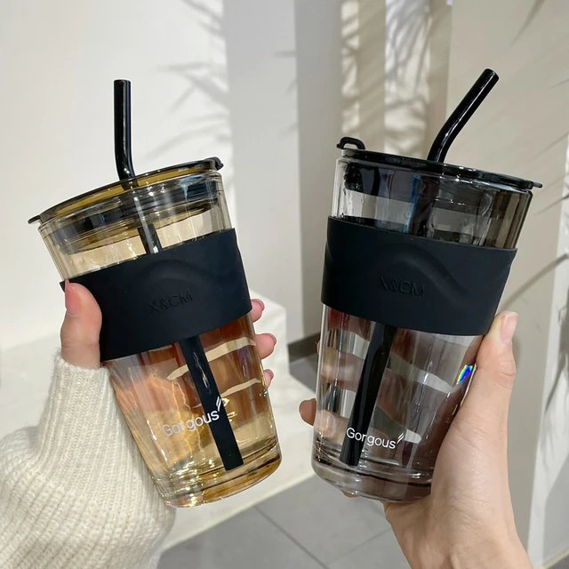 450ml Glass Water Cup With Straw Lid Large Fashion Coffee Tea Milk Juice  Breakfast Cups INS Simple Gasses For Drinks Bottle Gift