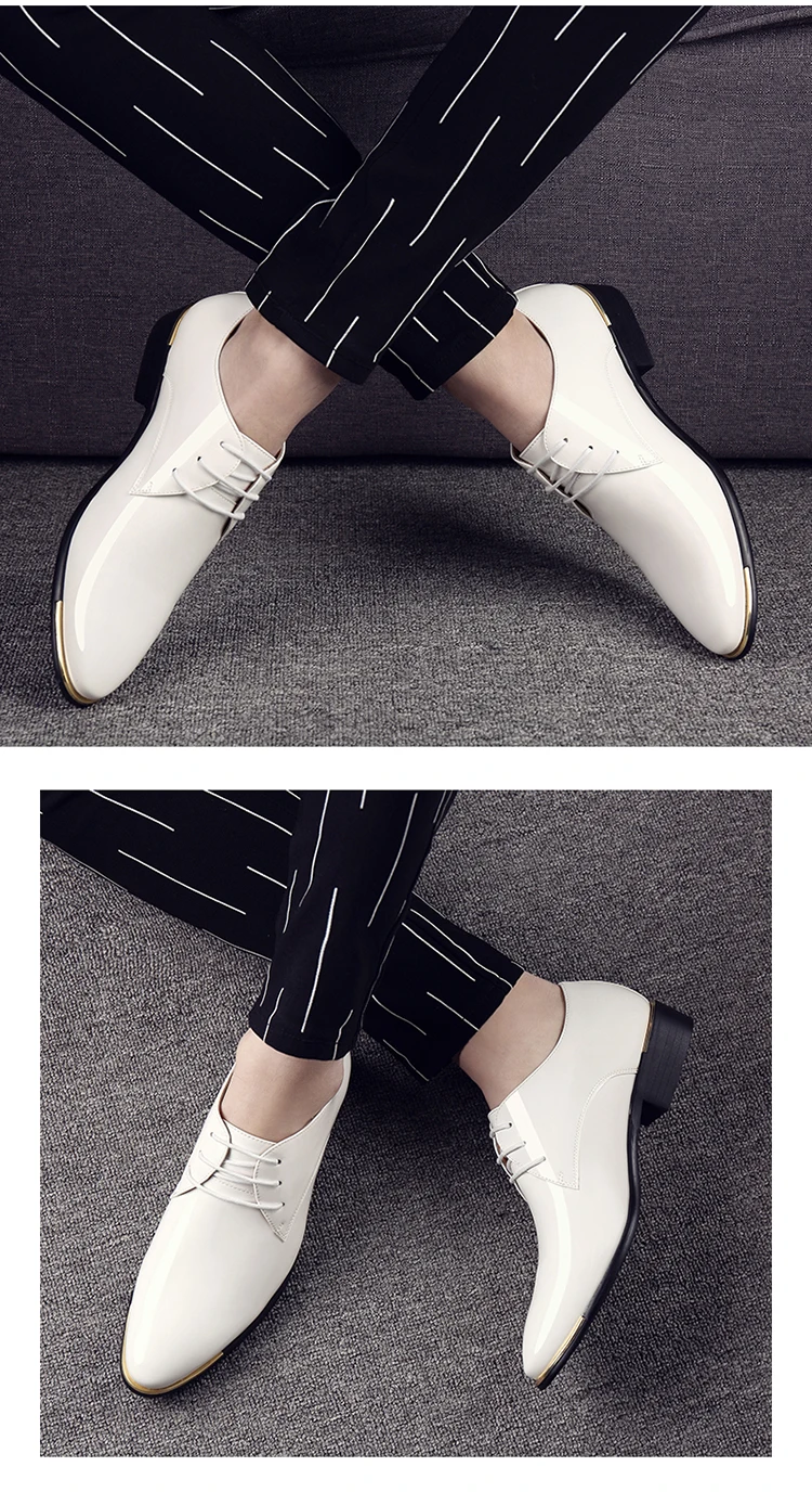 Quality Patent Leather Shoes White Wedding Shoes Size 38-48 Black Leather Soft Men Dress Shoes