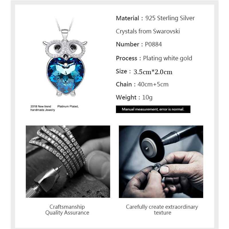 BOSCEN 925 Sterling Silver Pendant Necklace For Women Birthday Gift Colorful Owl Embellished With Crystals From Swarovski