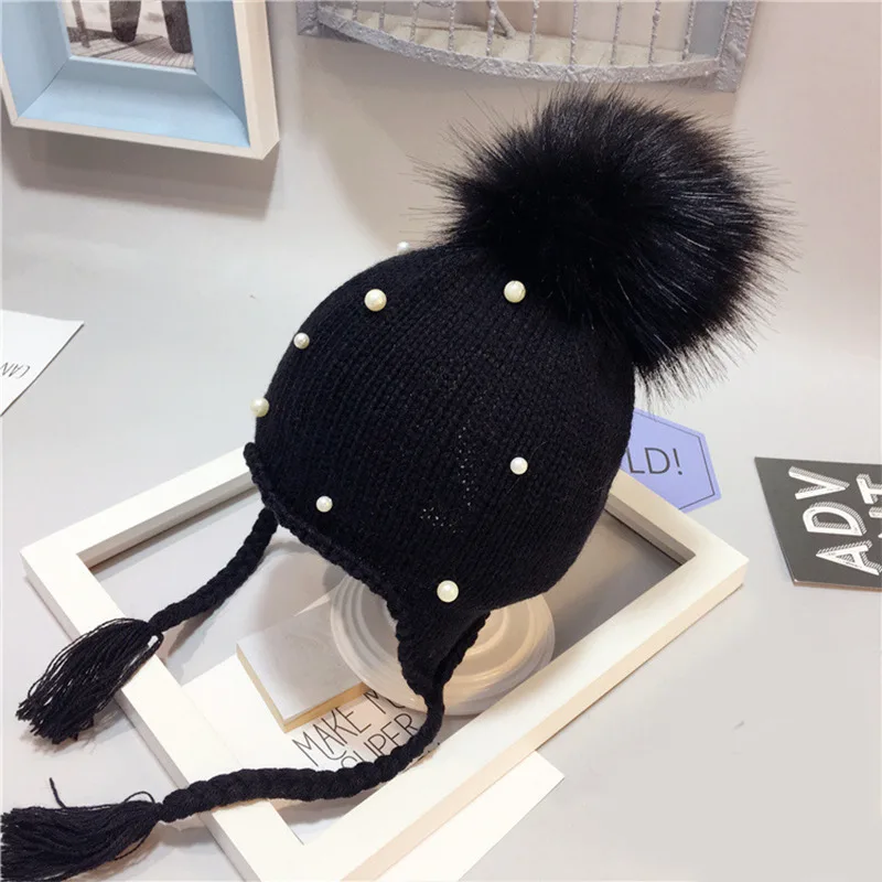 Pearl Beanies Baby Hat Pompom Winter Children Crochet Hat Toddler Boy Girl Warm Earflap Cap Solid Color Cotton Soft Beanie Cover Ears (2)
