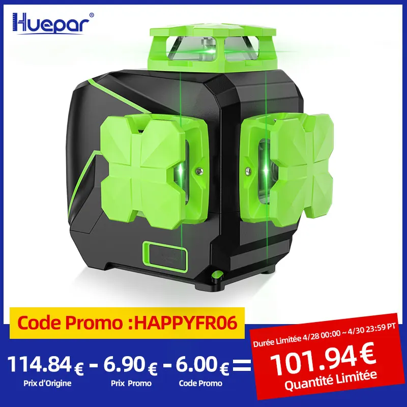 Huepar 12 lines 3D Cross Line Laser Level Self-leveling Green Beam Vertical & Horizontal with USB Charger Use Dry Li-ion Battery