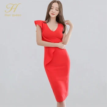 

H Han Queen Elegant V-neck Ruffles Occupation Pencil Dress Women Summer Sleeveless Sheath Bodycon Dresses Wear To Work Vestidos